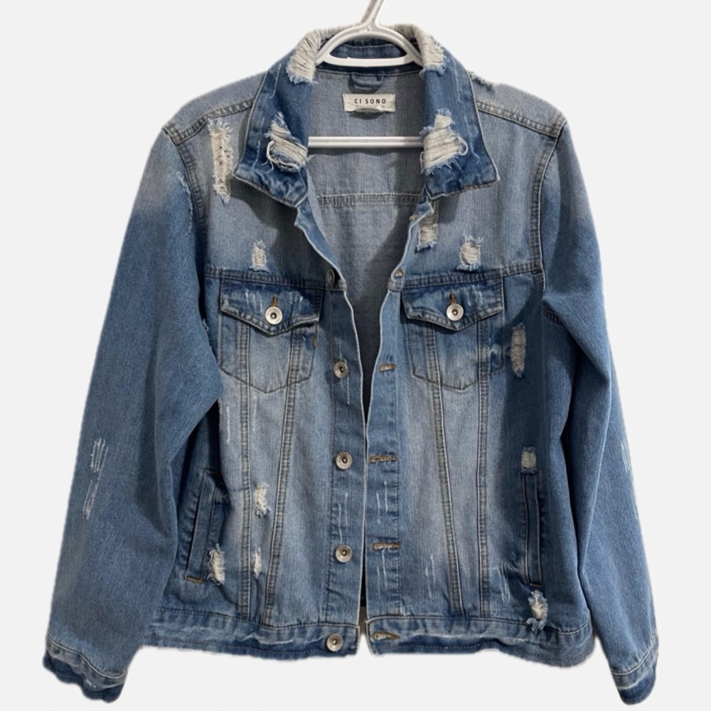 Ci Sono heavily distressed loose fit jean jacket.